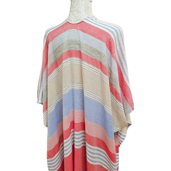 By Anthropologie Kimono Boho Striped Open Front Cotton Fringe Hem Beachy Poncho - Picture 9 of 11
